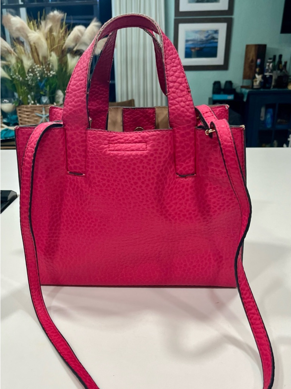 London Fog Bright Pink Textured Handbag with Shoulder Strap